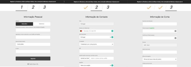 Formulário de registo da Betway