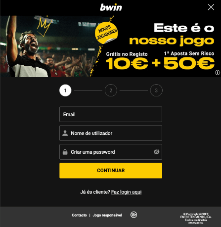 Formulário de registo na Bwin