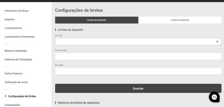 Limitação de depósitos no casino Betway