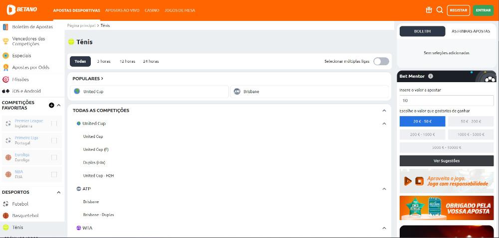 Apostas em ténis na Betano Portugal