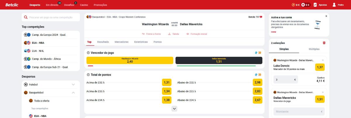 Apostas basquetebol na Betclic
