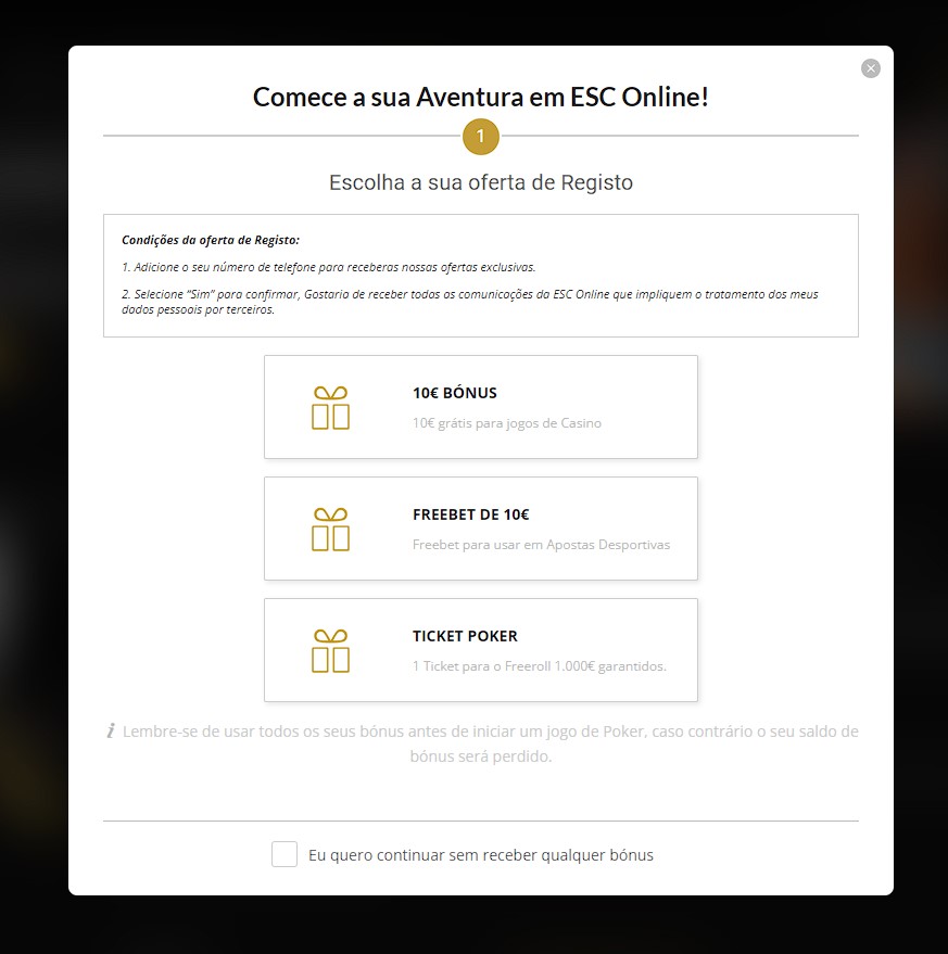 Bonus de registo disponíveis na ESC Online