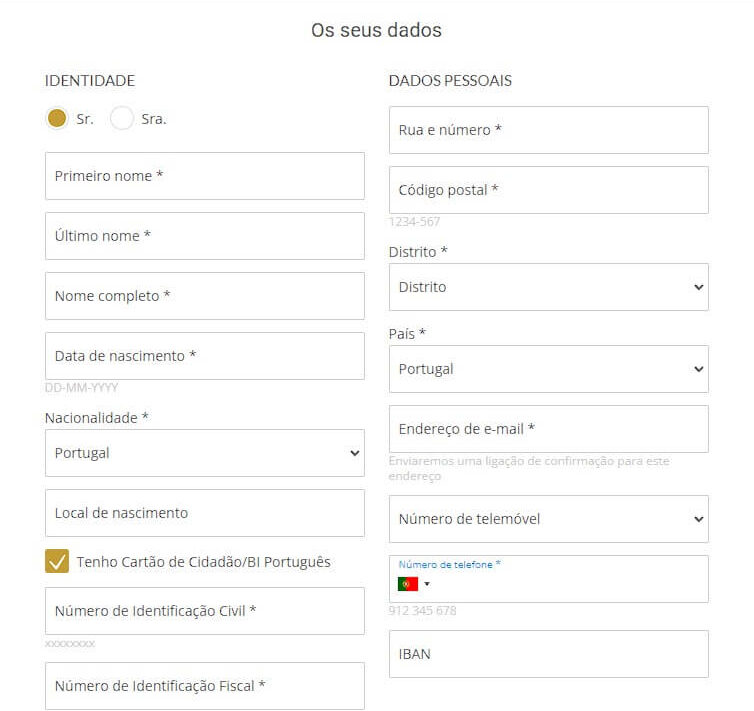 Formulario de registo na ESC Online