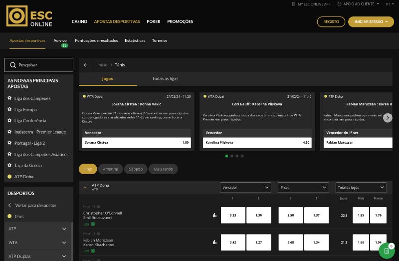 Apostas em ténis na Esc Online