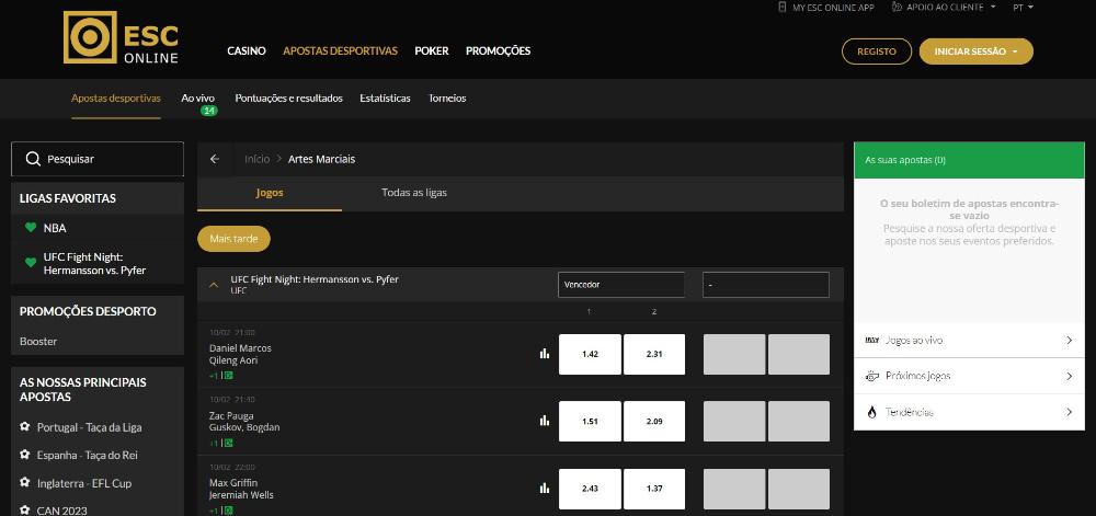Apostas MMA na Esc Online