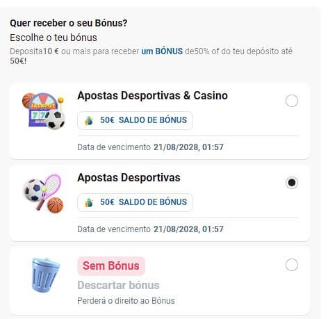 Selecionar bónus de apostas desportivas da Betano