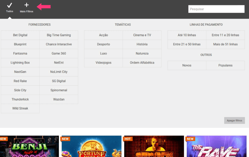 Filtros de pesquisa no Luckia Casino