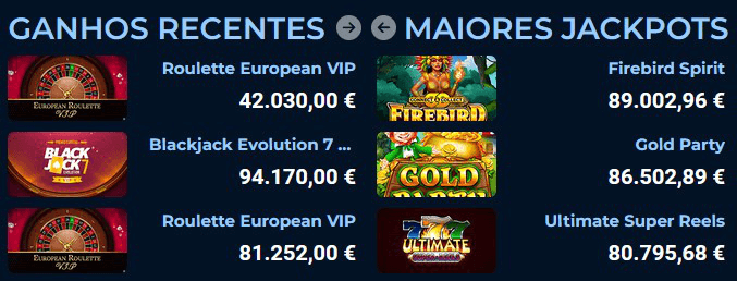 Ganhos recentes e maiores jackpots no Casino Portugal