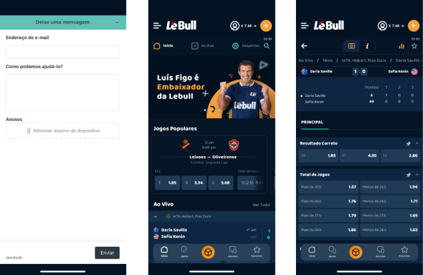 Páginas dos depósitos e do desporto na app LeBull