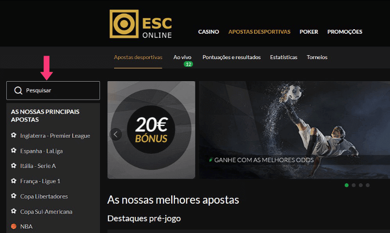 Barra de pesquisa de eventos na ESC Online