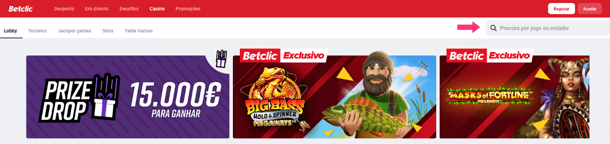 Pesquisa de jogos de casino na Betclic