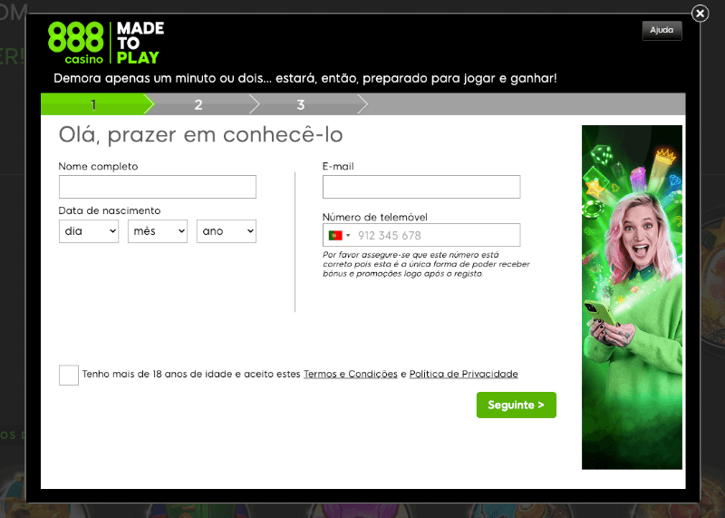 Formulário de registo do 888casino