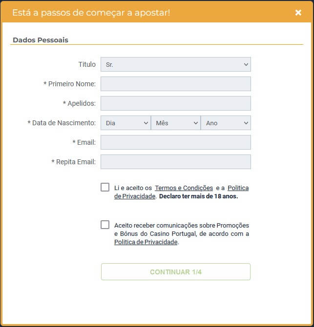 Formulário de registo no Casino Portugal