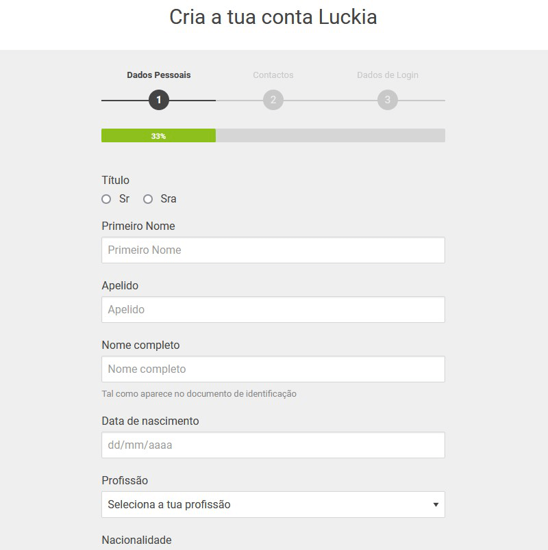 Formulário de registo no casino da Luckia