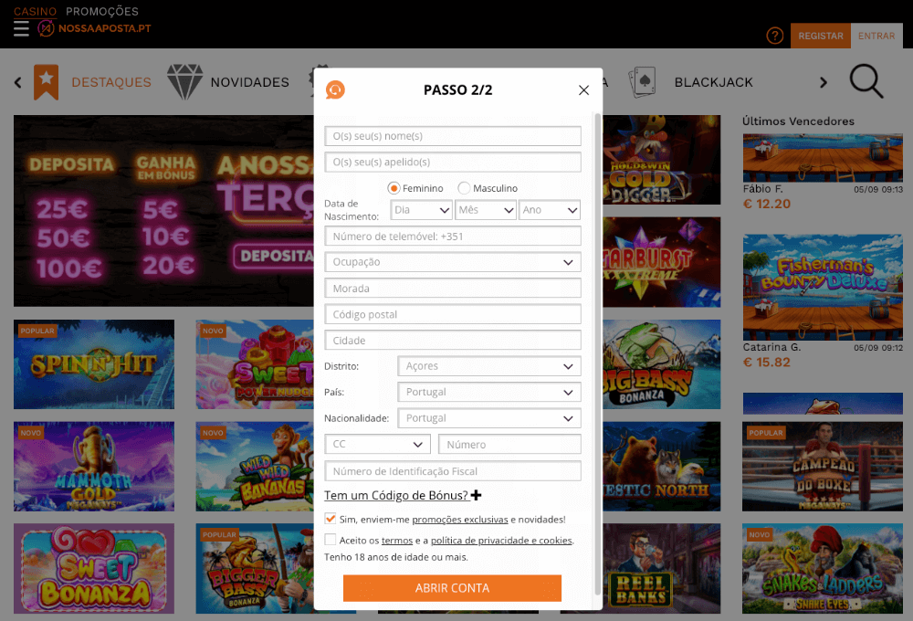 Formulário de registo no casino Nossa Aposta